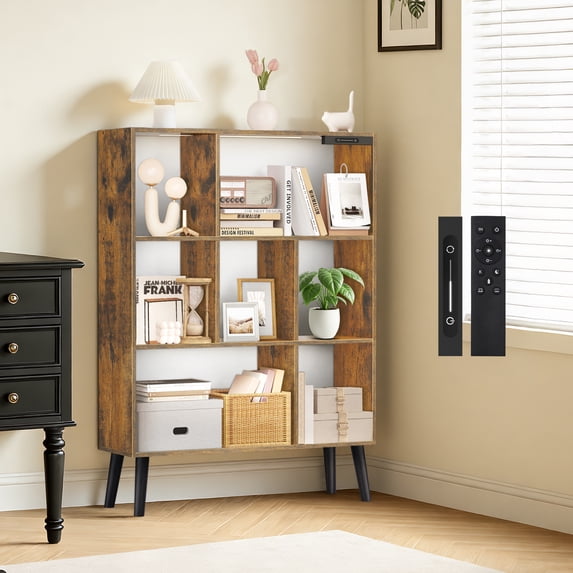 UNTONLIFE 7-Cube Bookcase with Built-in Lights, Modern Freestanding Bookshelf with 4 Tapered Legs, Open Storage Display Shelf for Living Room, Study Room, Office - Brown