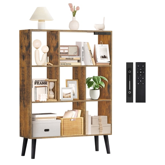 UNTONLIFE 7-Cube Bookcase with Built-in Lights, Modern Freestanding Bookshelf with 4 Tapered Legs, Open Storage Display Shelf for Living Room, Study Room, Office - Brown