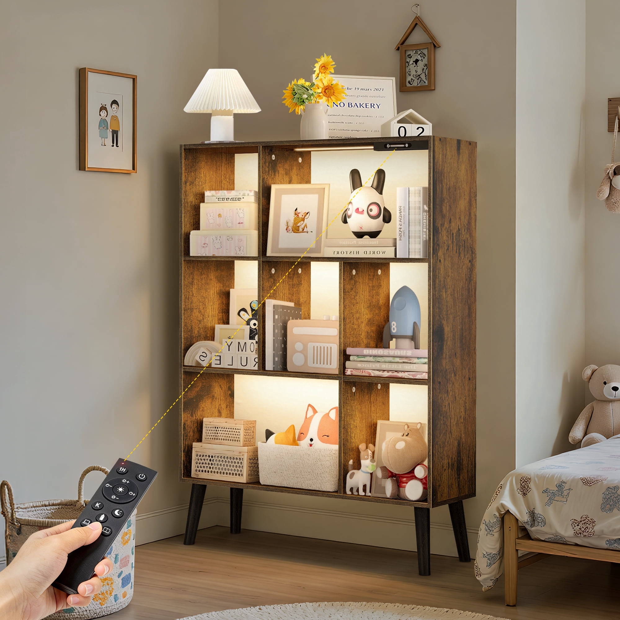 OUTONLIFE 7 Cube Storage Organizer,Open Bookshelf with Lights,Cube Storage Bookcase,Wood Bookcase for Living Room Office,Rustic Brown