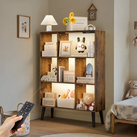OUTONLIFE 7 Cube Storage Organizer,Open Bookshelf with Lights,Cube Storage Bookcase,Wood Bookcase for Living Room Office,Rustic Brown