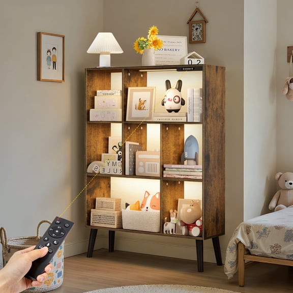 OUTONLIFE 7 Cube Storage Organizer,Open Bookshelf with Lights,Cube Storage Bookcase,Wood Bookcase for Living Room Office,Rustic Brown