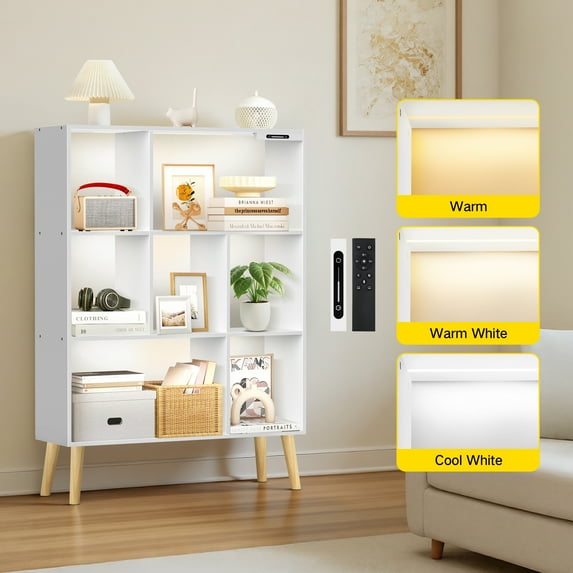 UNTONLIFE 7-Cube Bookcase with Built-in Lights, Modern Freestanding Bookshelf with 4 Tapered Legs, Open Storage Display Shelf for Living Room, Study Room, Office - White