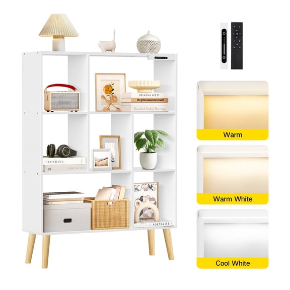 UNTONLIFE 7-Cube Bookcase with Built-in Lights, Modern Freestanding Bookshelf with 4 Tapered Legs, Open Storage Display Shelf for Living Room, Study Room, Office - White