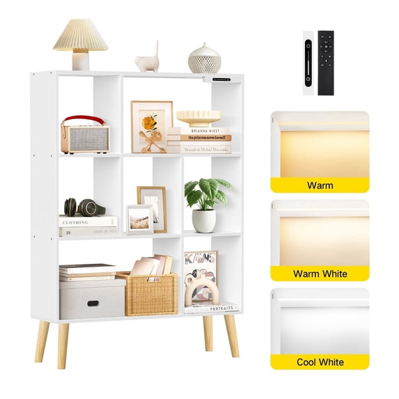 OUTONLIFE 7 Cube Bookcase, 3-Tier Open Wooden Bookshelf with Legs, Freestanding Storage Display Shelf for Living Room, Bedroom, Office, White