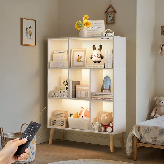 OUTONLIFE 7-Cube Bookshelf 3 Tier Mid-Century White Modern Bookcase with Legs,Retro Wood Bookshelves Storage Organizer Shelf,Freestanding Open Book Shelves for Bedroom,Living Room,Office