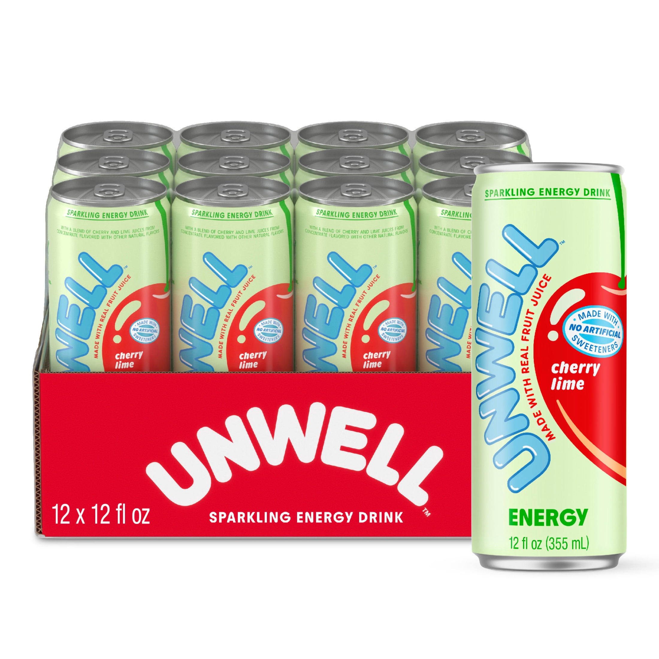 Unwell Sparkling Energy Drink, Electrolytes & Real Fruit Juice – Cherry Lime, 12 PK