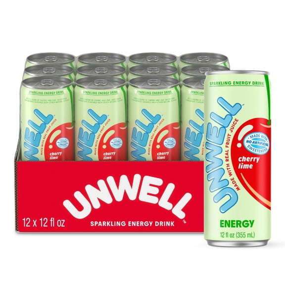 Unwell Sparkling Energy Drink, Electrolytes & Real Fruit Juice Cherry Lime, 12 PK