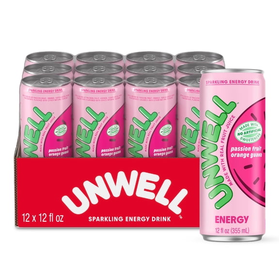 Unwell Sparkling Energy Drink, Electrolytes & Real Fruit Juice Passion Fruit Orange Guava, 12 PK