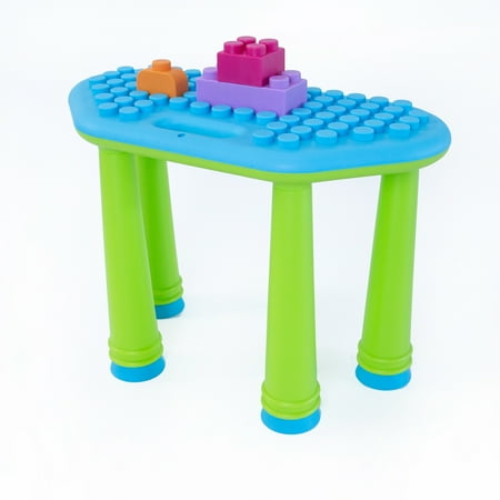 UNiPLAY Indoor/Outdoor Toddler Activity Table Set with 25 Piece Building Blocks, Kids Play Table for Building Blocks Toy, Motor Development, Sensory Learning Toys for Toddlers (Blue)