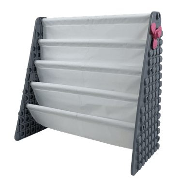 UNiPLAY Kids Plastic Bookcase Display Storage Rack, 4 Tier Bookshelf with Stacking Block Play Side Panels, (Gray/White)