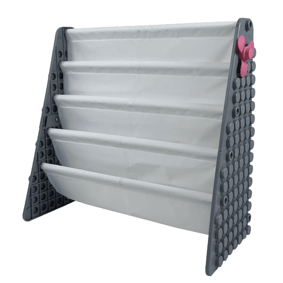 UNiPLAY Kids Plastic Bookcase Display Storage Rack, 4 Tier Bookshelf with Stacking Block Play Side Panels, (Gray/White)