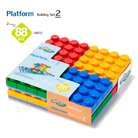 UNiPLAY Platform Soft Building Blocks — Educational Sensory Stacking Blocks, Learning Toy with Two 11 x 11 Inch Base Plates for Ages 3 Months and Up (88-Piece Set)