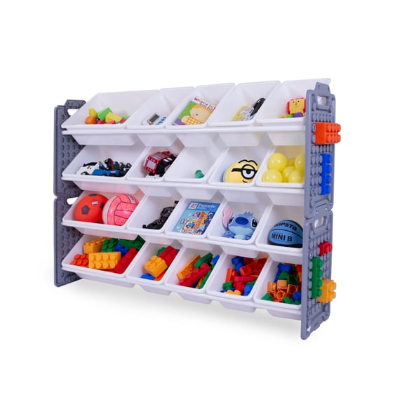 UNiPLAY Toy Organizer With 20 Removable Storage Bins, Multi-Bin Organizer for Books, Building Blocks, School Materials, Toys with Baseplate Board Frame (Gray)