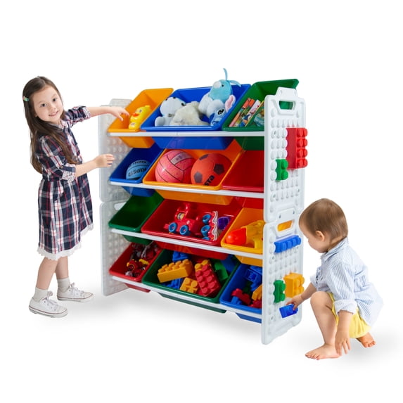 UNiPLAY Toy Organizer With 12 Removable Storage Bins, Multi-Bin Organizer for Books, Building Blocks, School Materials, Toys with Baseplate Board Frame (Primary)