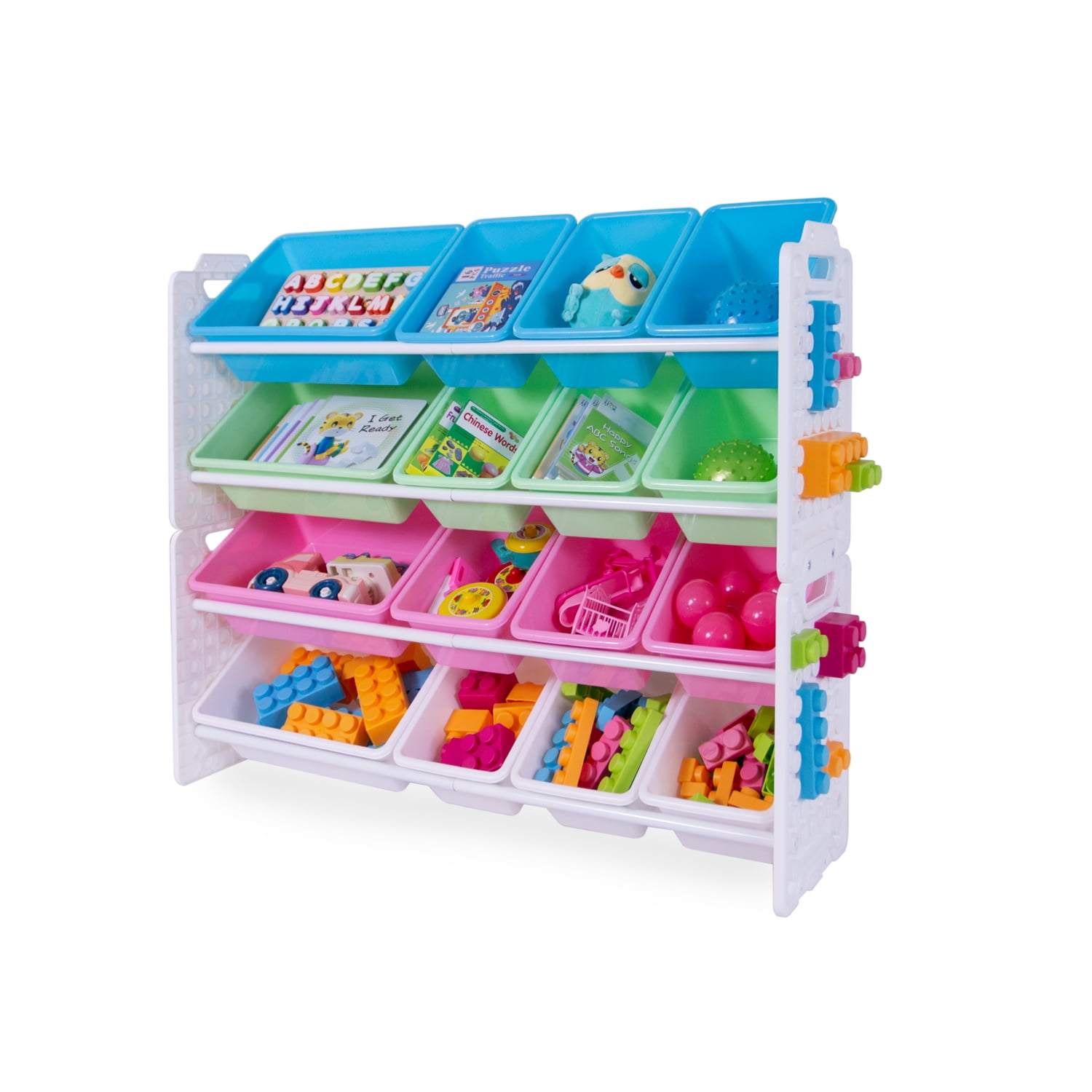 UNiPLAY Toy Organizer With 16 Removable Storage Bins and Block Play Panel, Multi-Size Bin Organizer (Pink)