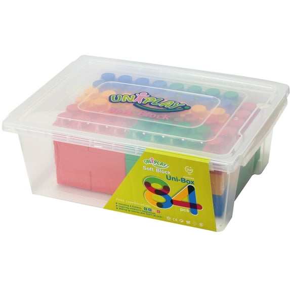 UNiPLAY UNiBOX Soft Building Blocks — Cognitive Development, Chewing Sensory, Toy Learning Stackable Blocks for Ages 3 Months and Up (84-Piece Set)