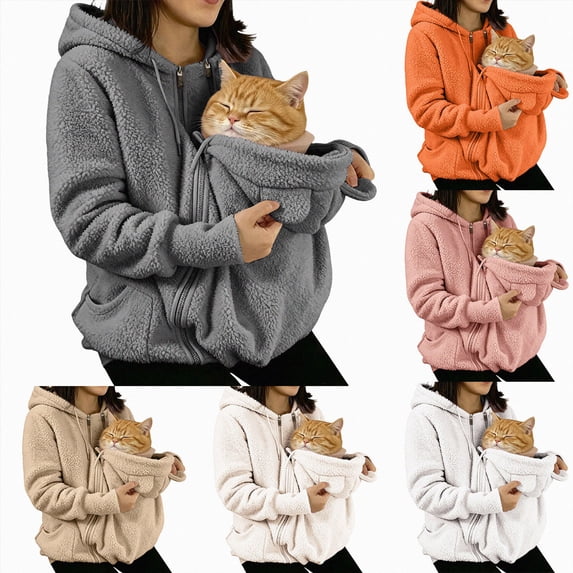 UOCUFY Cat Pouch Hoodie for Women Cute Dog Pet Baby Carrier Fleece Hoodies Orange,Size S