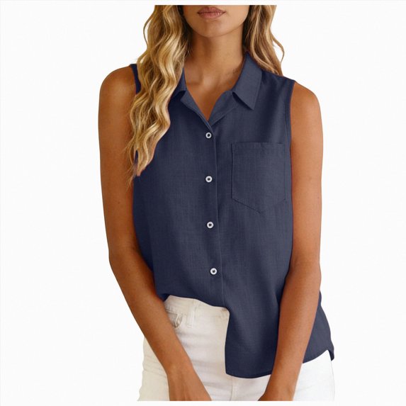 UOCUFY Cotton Linen Shirts for Women Sleeveless Collared Tops Oversized Button Up Blouses Work Shirts Casual Summer Tshirt (Navy, XL)