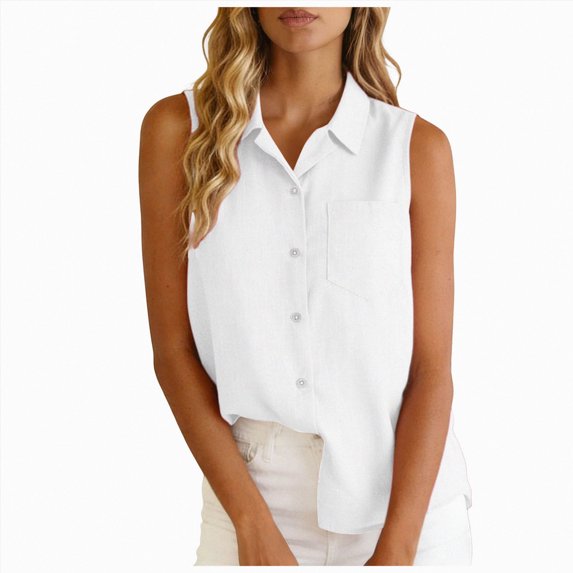 UOCUFY Cotton Linen Shirts for Women Sleeveless Collared Tops Oversized Button Up Blouses Work Shirts Casual Summer Tshirt (White, XXL)