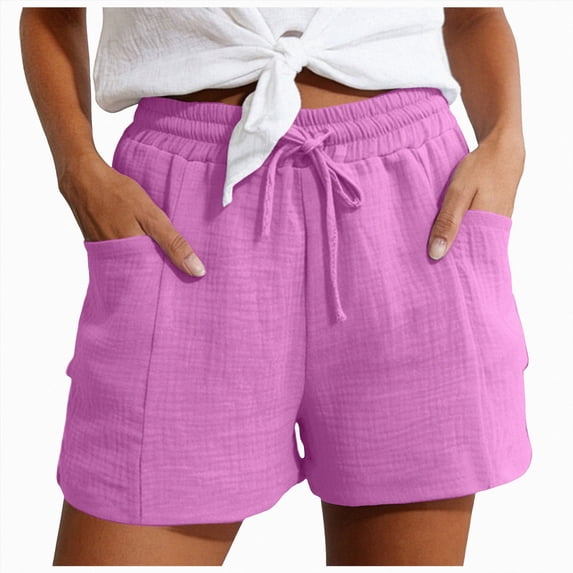 UOCUFY Cotton Linen Shorts for Women Plus Size Elastic Waist Drawstring Summer Beach Shorts with Pockets Hot Pink,Size XL