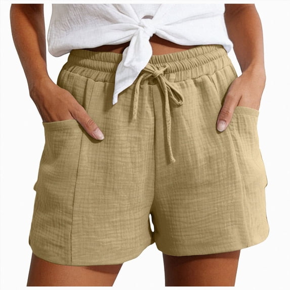 UOCUFY Cotton Linen Shorts for Women Plus Size Elastic Waist Drawstring Summer Beach Shorts with Pockets Khaki,Size M