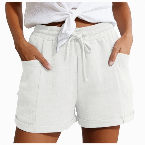 UOCUFY Cotton Linen Shorts for Women Plus Size Elastic Waist Drawstring Summer Beach Shorts with Pockets White,Size XL
