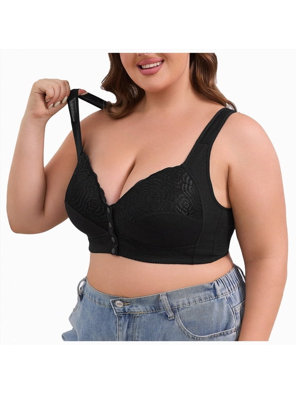 Front Closure Bra for Women, Full Coverage Wireless Padded Bra with Lace Detail, Plus Size Support Bra for Seniors Black,Size 50C
