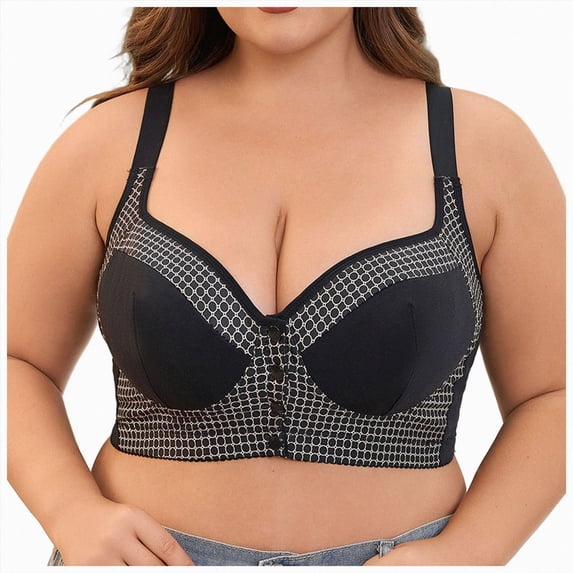 UOCUFY Front Closure Bra for Women, Full Coverage Wireless Padded Bra with Lace Detail, Plus Size Support Bra for Seniors Black for Size 44C