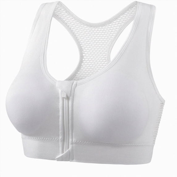UOCUFY Front Zipper Sports Bras for Women Wirefree Post Surgery Bra Front Closure Racerback Compression Mastectomy Bras (White,M)