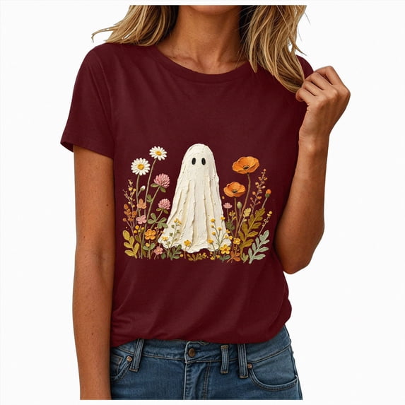 UOCUFY Graphic Tees for Women Fall Tshirts Vintage Tops Cute Floral Wildflower Girls Shirts (Wine, XXL)