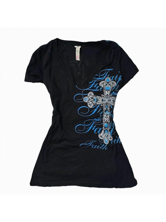Grunge Shirts Emo Clothes Teen Girls Vintage Graphic Tee Y2k 2000s Goth Top Women Mcbling Short Sleeve Streetwear (Black, L)