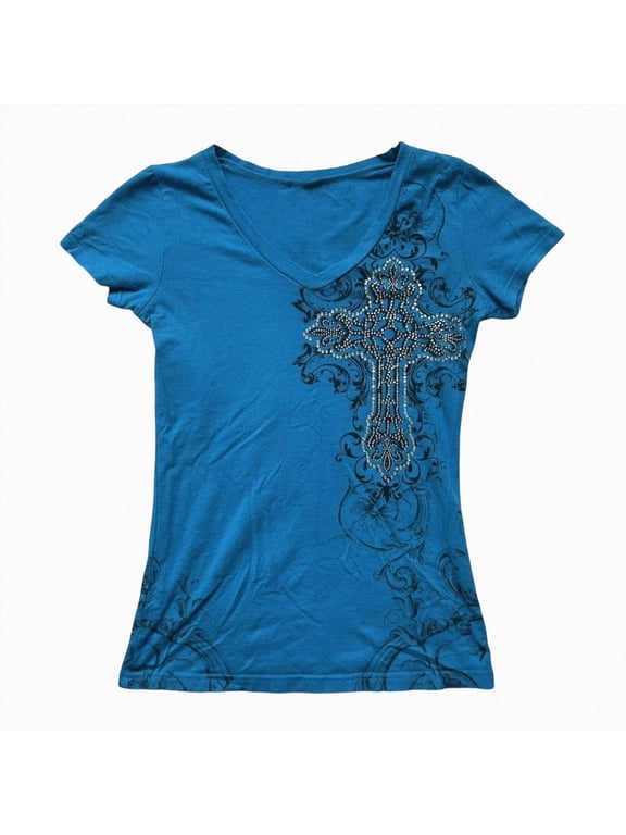 Grunge Shirts Emo Clothes Teen Girls Vintage Graphic Tee Y2k 2000s Goth Top Women Mcbling Short Sleeve Streetwear (Blue, S)
