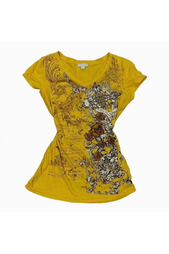 Grunge Shirts Emo Clothes Teen Girls Vintage Graphic Tee Y2k 2000s Goth Top Women Mcbling Short Sleeve Streetwear (Yellow, S)