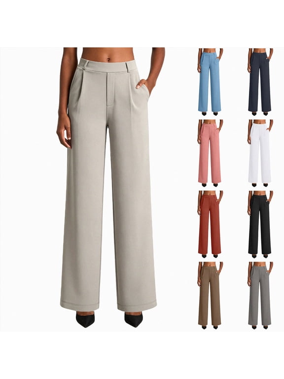 High Waisted Dressy Pants for Women Straight Leg Business Casual Work Trousers Office Slacks with Pockets White,Size S