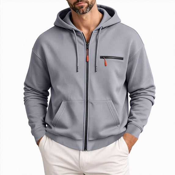 UOCUFY Hoodies for Men Casual Long Sleeve Full Zip Hooded Fleece Sweatshirt | Fashion Athletic Workout Jackets with Multi Pockets Grey,Size 3XL