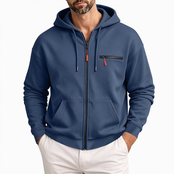 UOCUFY Hoodies for Men Casual Long Sleeve Full Zip Hooded Fleece Sweatshirt | Fashion Athletic Workout Jackets with Multi Pockets Navy,Size XXL