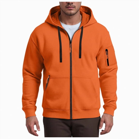 UOCUFY Hoodies for Men Casual Long Sleeve Full Zip Hooded Fleece Sweatshirt | Fashion Athletic Workout Jackets with Multi Pockets Orange,Size S