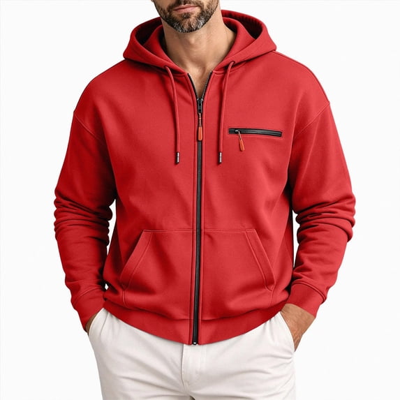 UOCUFY Hoodies for Men Casual Long Sleeve Full Zip Hooded Fleece Sweatshirt | Fashion Athletic Workout Jackets with Multi Pockets Red,Size 3XL