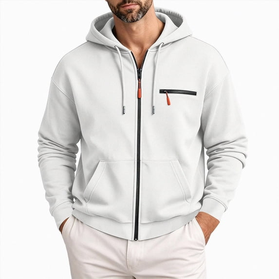 UOCUFY Hoodies for Men Casual Long Sleeve Full Zip Hooded Fleece Sweatshirt | Fashion Athletic Workout Jackets with Multi Pockets White,Size L