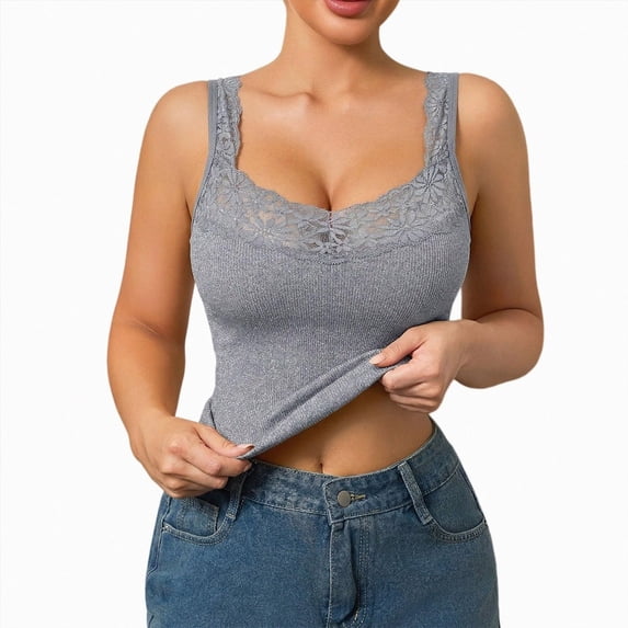 UOCUFY Lace Camisole Tank Tops for Women V Neck Wide Strap Soft Ribbed Lace Trim Cami (Grey, XL)