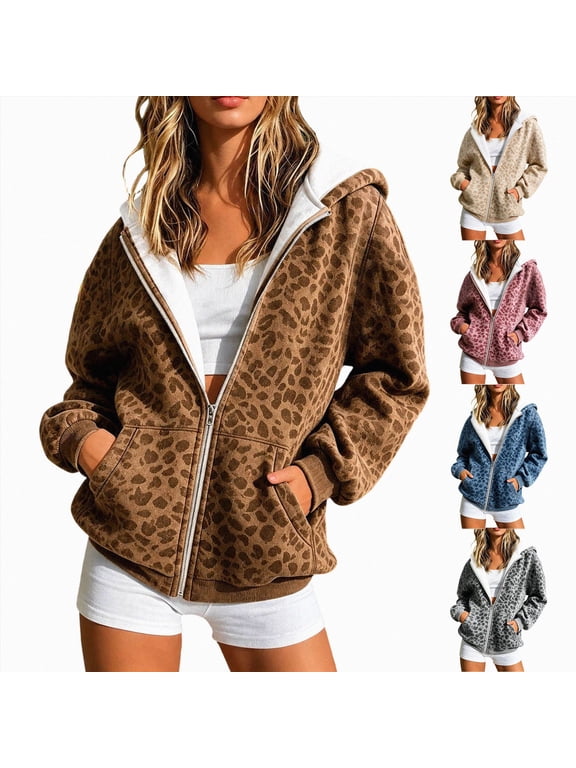 Leopard Print Zip Up Hoodie Women Oversized Y2k Fleece Hooded Sweatshirts Coffee,Size M