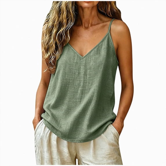 UOCUFY Linen Tank Tops for Women - Lightweight Loose Fit Gauze Camisole Tops | Sleeveless V Neck Blouse Cotton Casual Shirts for Summer Vacation 2026 (Green, XXL)