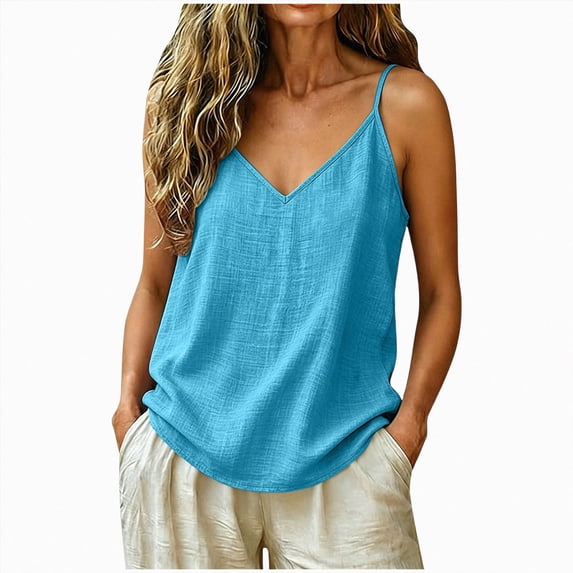 UOCUFY Linen Tank Tops for Women - Lightweight Loose Fit Gauze Camisole Tops | Sleeveless V Neck Blouse Cotton Casual Shirts for Summer Vacation 2026 (Sky Blue, S)