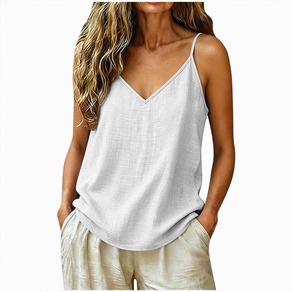 UOCUFY Linen Tank Tops for Women - Lightweight Loose Fit Gauze Camisole Tops | Sleeveless V Neck Blouse Cotton Casual Shirts for Summer Vacation 2026 (White, XXL)