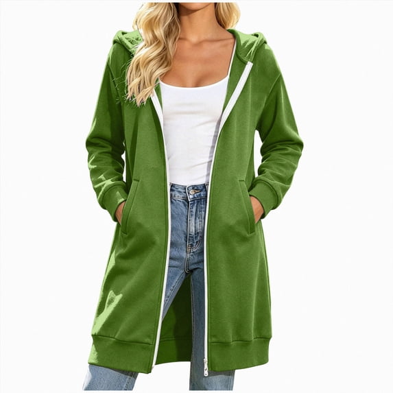 UOCUFY Long Hoodies for Women Zip Up Fleece Jacket Soft Long Sleeve Hooded Oversized Sweatshirt Winter Coat with Pockets (Green, XL)