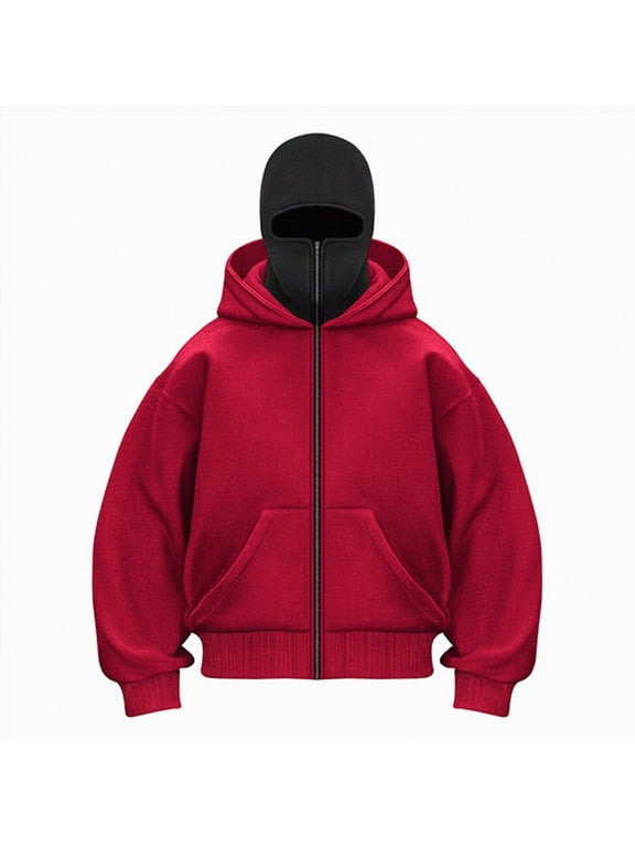 Men's Balaclava Hoodie Winter Double Layer Hooded Sweatshirt with zipper, Fleece-Lined Hip-Hop Hoodie Red,Size XXL