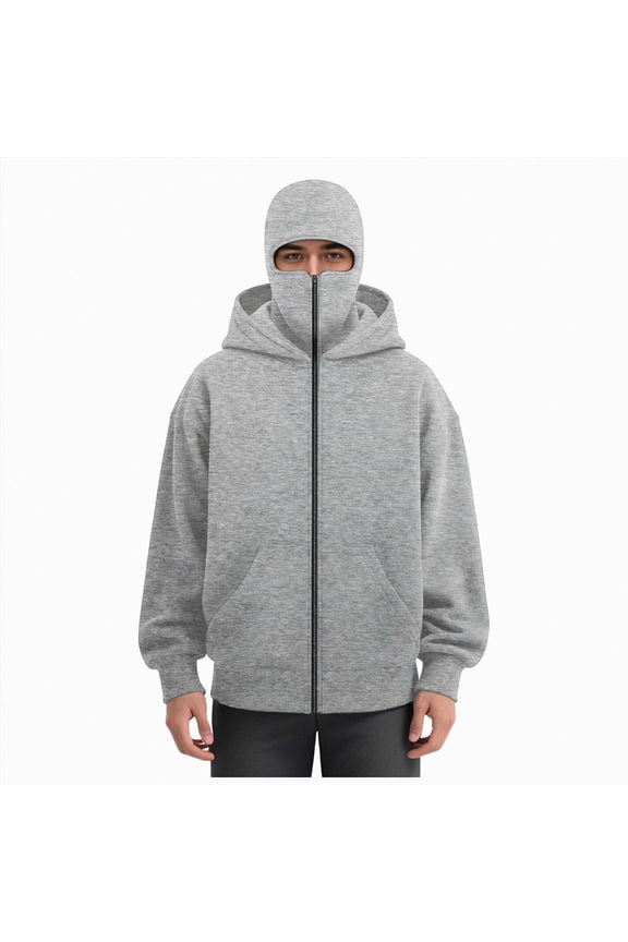 Men's Balaclava Hoodie with Face Mask Double Layer Hooded Sweatshirt Wind Resistant Winter Zip Up Jacket Ski Hoodies Light Gray,Size S