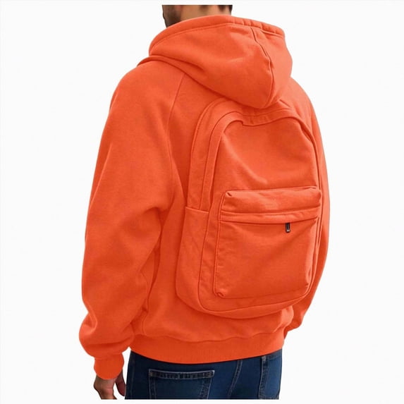 UOCUFY Men's Creative Travel Hoodie with Backpack Lightweight Zipper Backpack Sweatshirt Casual Campus Pullover Outfits Orange,Size 3XL