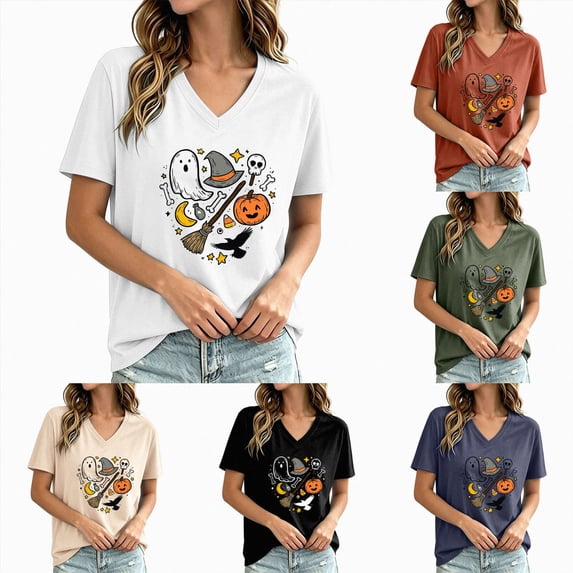 UOCUFY Women Fall T-Shirt V Neck Halloween Pumpkin Shirts Cute Autumn Thanksgiving Graphic Tee Tops