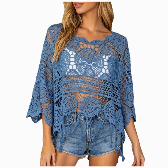 UOCUFY Women Plain Fringe Cut Out Sheer Knit Crochet Cover Up Three Quarter Sleeve Hollow Out Sweater Shirts Swimsuit Coverups Wear (Blue, L)